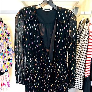 Black wrap dress with metallic polka dots